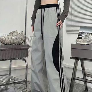 Quần Ống Rộng Chất Dù Nhăn Dây Rút Lai Phối Sọc Đen Xám Freesize Dưới 65kg