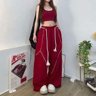 Quần Dù Ống Suông Rộng Nam Nữ Lưng Thun Dây Luồng Viền Chỉ Nổi Streetwear Thời Trang