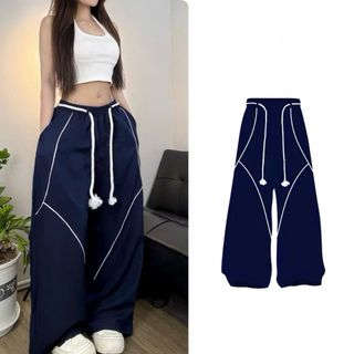 Quần Dù Ống Suông Rộng Nam Nữ Lưng Thun Dây Luồng Viền Chỉ Nổi Streetwear Thời Trang