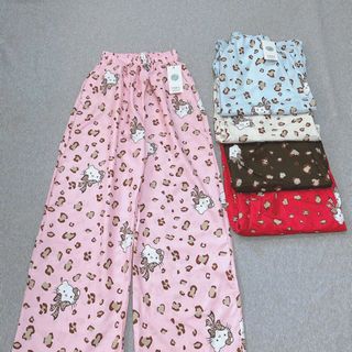 Quần Dài Ống Rộng Họa Tiết Mèo Hello Kitty Phối Da Báo Dễ Thương, Chất Vải Lụa Mềm Mịn Thoáng Thoải Mái Freesize