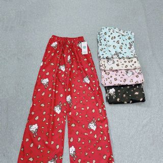 Quần Dài Ống Rộng Họa Tiết Mèo Hello Kitty Phối Da Báo Dễ Thương, Chất Vải Lụa Mềm Mịn Thoáng Thoải Mái Freesize