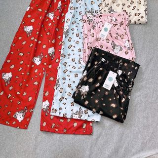 Quần Dài Ống Rộng Họa Tiết Mèo Hello Kitty Phối Da Báo Dễ Thương, Chất Vải Lụa Mềm Mịn Thoáng Thoải Mái Freesize