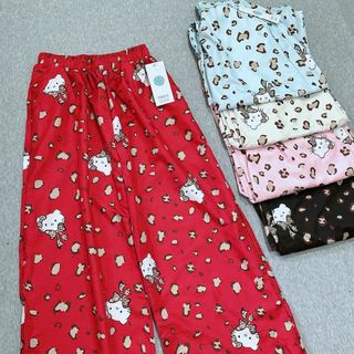Quần Dài Ống Rộng Họa Tiết Mèo Hello Kitty Phối Da Báo Dễ Thương, Chất Vải Lụa Mềm Mịn Thoáng Thoải Mái Freesize