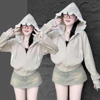 Áo khoác nữ viền ren mũ